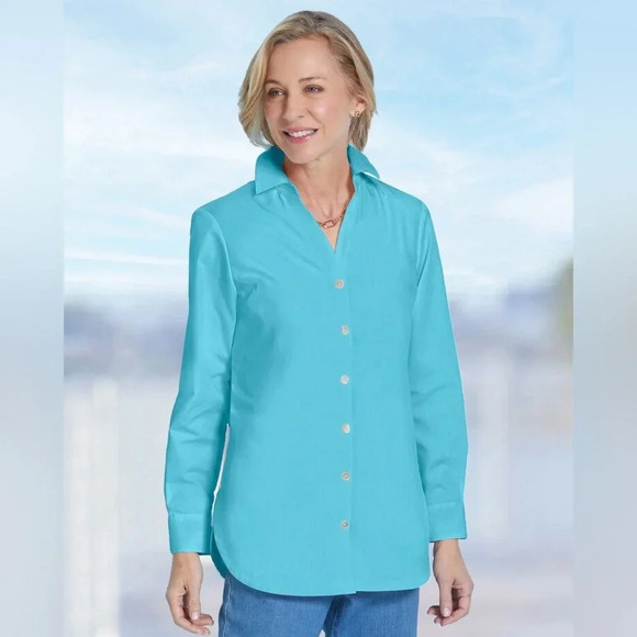 Foxcroft blue non iron side button tunic long sleeve Size 14P - Picture 1 of 7